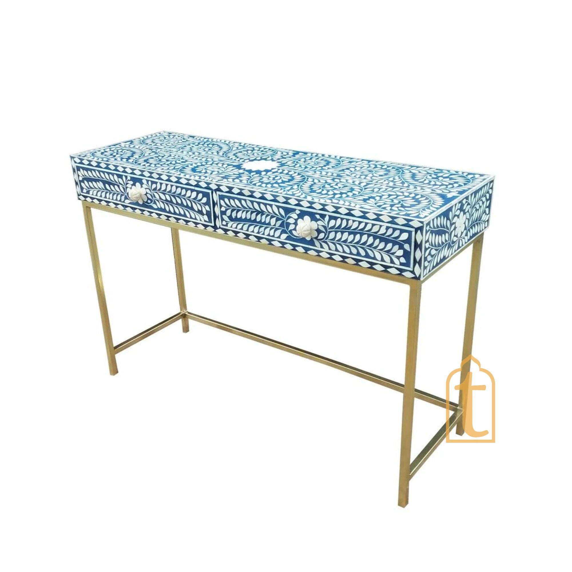 Handmade Bone Inlay Side Table / 2 Drawer Desk / Blue Floral Console Table / Hall Table living room Table / Drawer Table / Wooden Laptop Table.