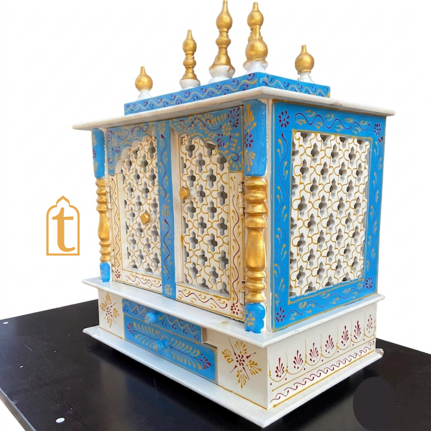 Handcrafted Wooden Temple Mandir: White Pooja Ghar with Drawers