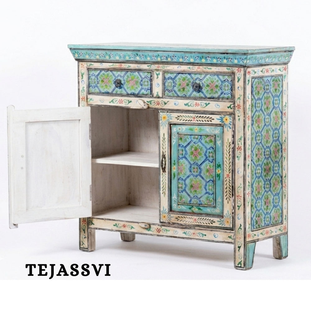 Wooden Indian Floral designed Side Storage / Cabinet | Bedside, Side Table, Hand Painted, Wooden Big Cabinet, Living Room Furniture, Fine Panting.