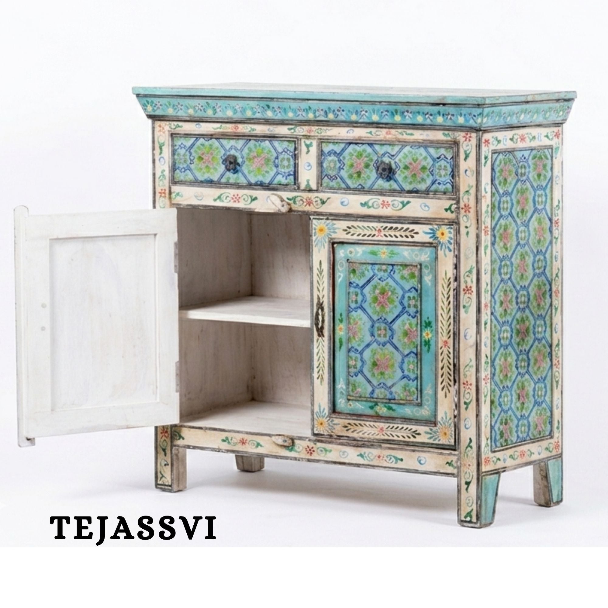 Wooden Indian Floral designed Side Storage / Cabinet | Bedside, Side Table, Hand Painted, Wooden Big Cabinet, Living Room Furniture, Fine Panting.