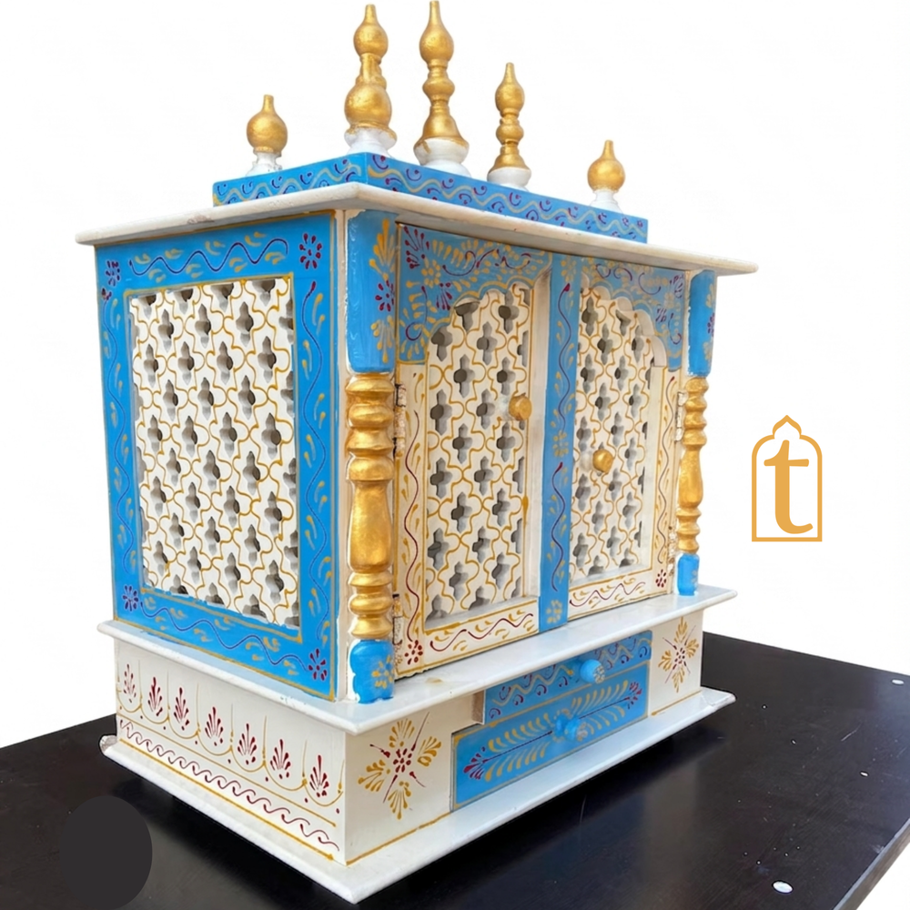 Handcrafted Wooden Temple Mandir: White Pooja Ghar with Drawers