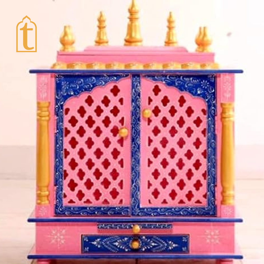 Wooden Pooja Mandir: Indian Pooja Ghar, Wall Mount Decor, Wooden Pink & Blue Pooja Mandir for Wall Decor