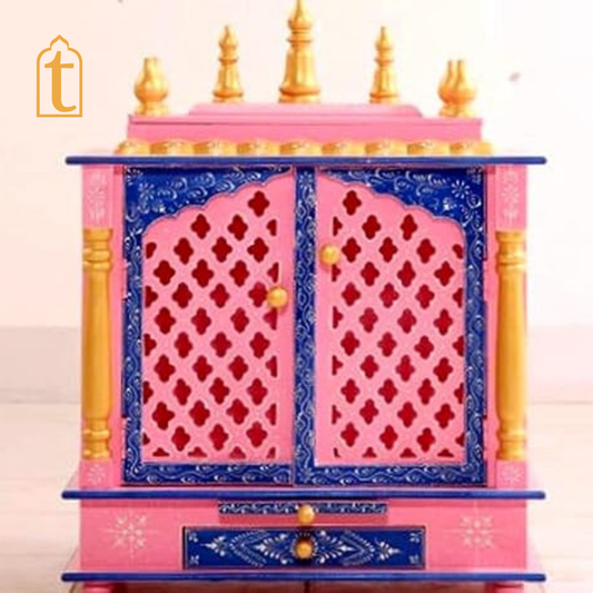 Wooden Pooja Mandir: Indian Pooja Ghar, Wall Mount Decor, Wooden Pink & Blue Pooja Mandir for Wall Decor
