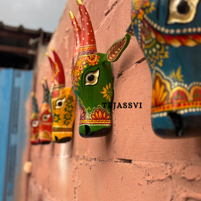 SET of 6 Wooden Painted Cow Head 16 Inches | Bull | Nandi Head Mask Wall Décor. Wooden Wall Hanging. Ethnic Indian Art.