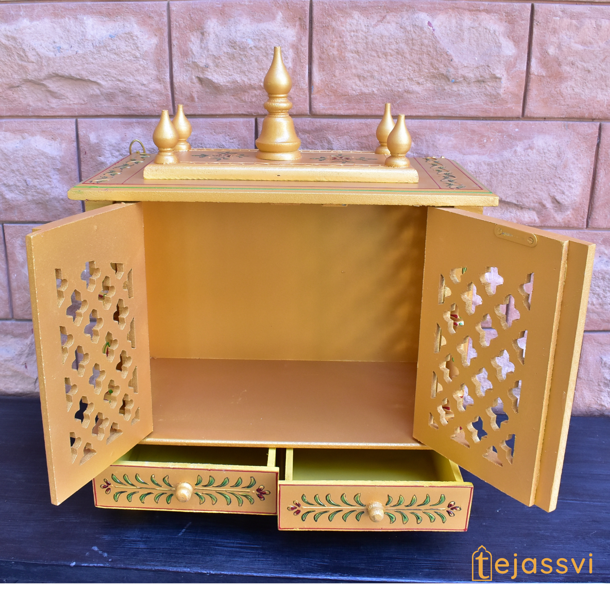 Wooden Prayer Room Altar | Large Wall Mounted Temple with Doors | Handmade Brown Pooja Mandir for Home