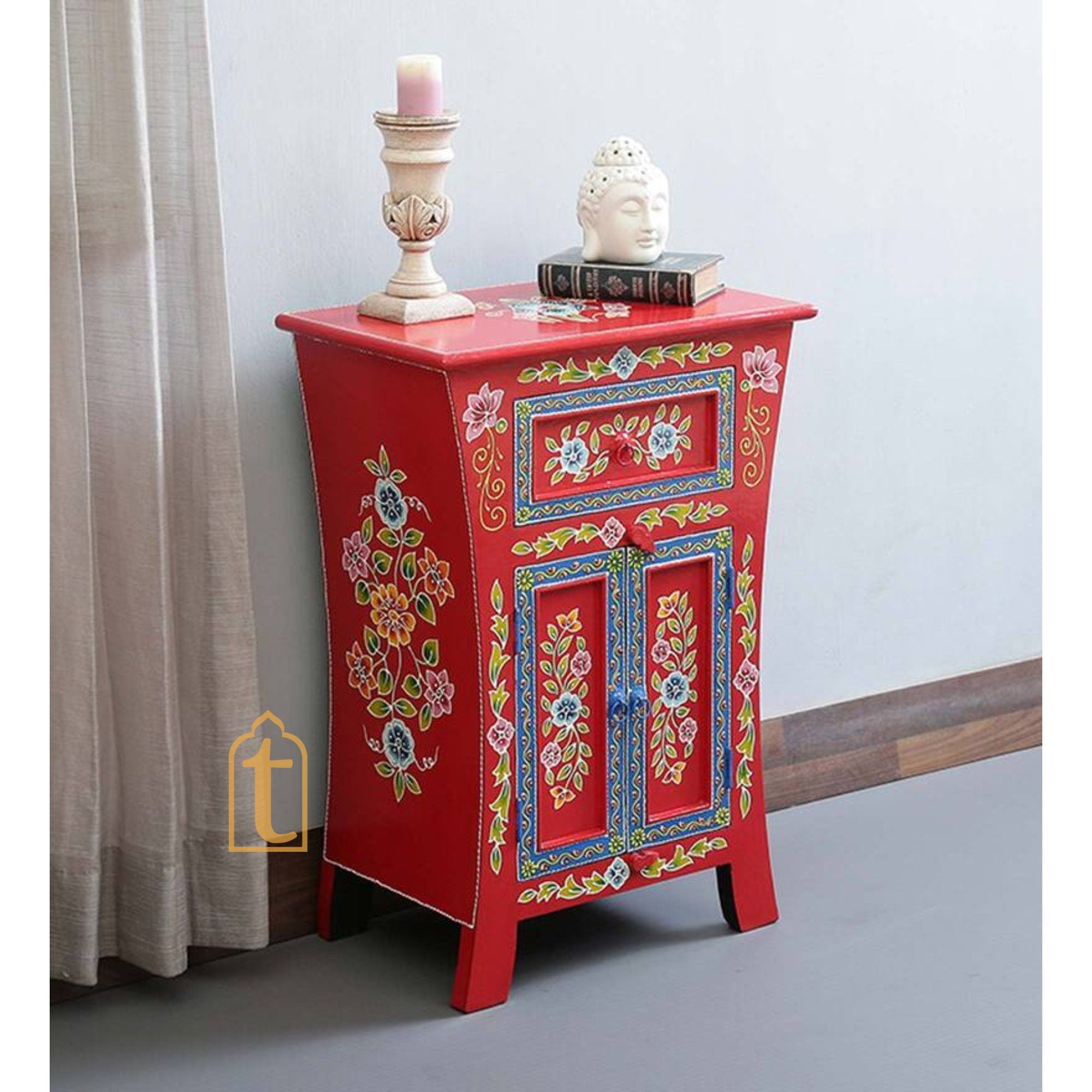 Indian Hand painted Wooden Chest Drawers | Side Table / Chest of Drawers for Living Room | Traditional Side hand-painted Table with Drawers.