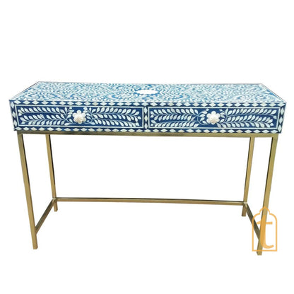 Handmade Bone Inlay Side Table, 2 Drawer Desk/Blue Floral Console Table, Hall table, living room table, Drawer table, wooden Laptop table.