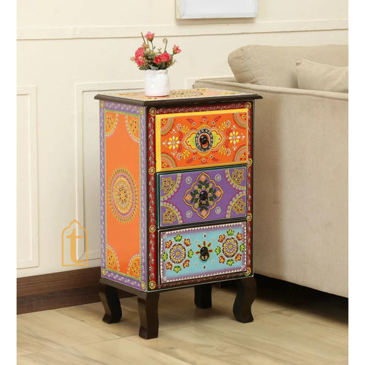Indian Hand painted Wooden Chest Drawers, Side Table /Chest of Drawers for Living Room |Traditional Side Table with Drawers | Bedside table.