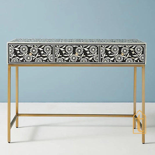 wooden Bone Inlay Sun Floral Design 3 Drawers Console Black/Bone Inlay Sun Floral Design Desk Black/Bone Inlay Storage Unit With Metal Legs.