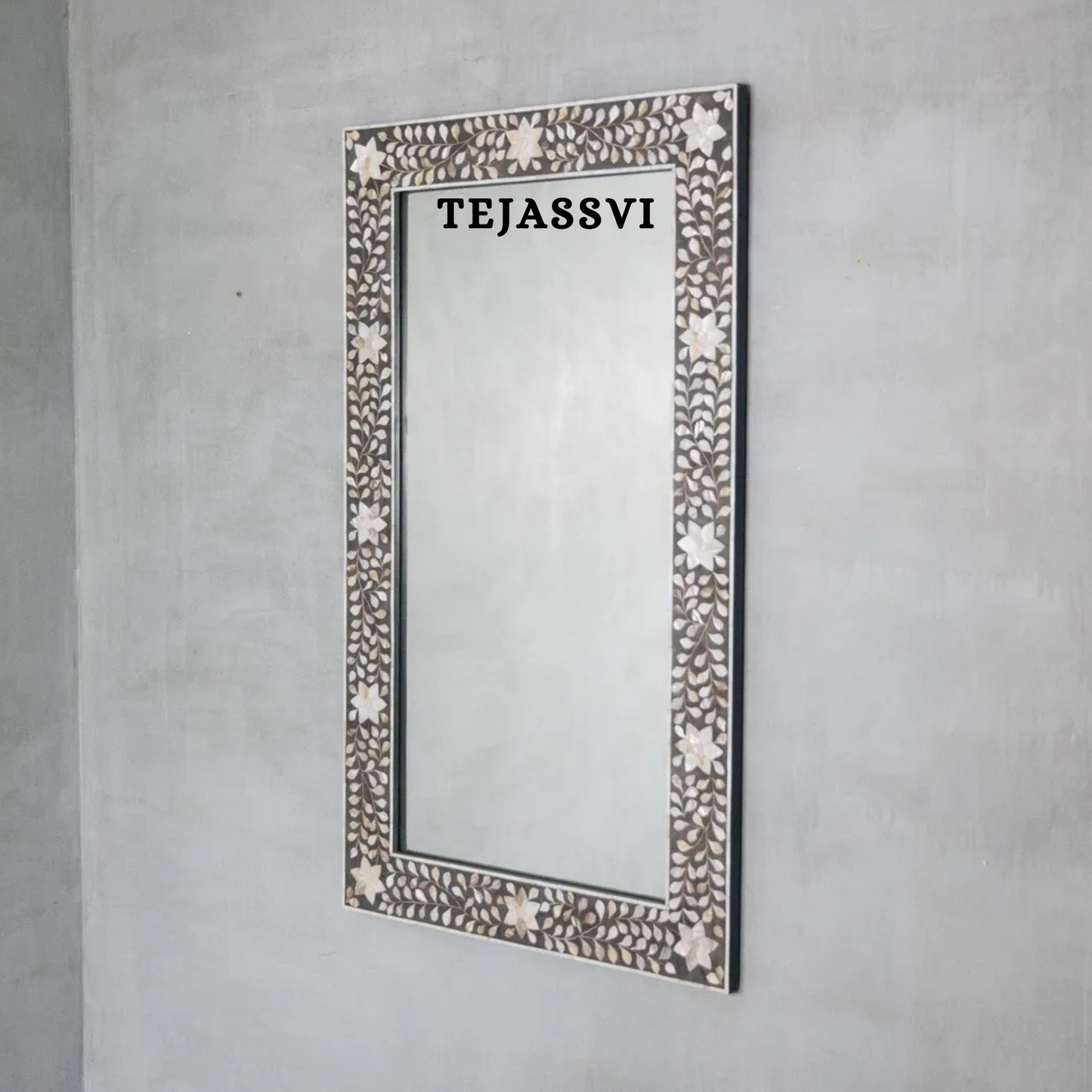Bone Inlay Floral Pattern Wall Mirror in Black Resin Wall  Décor