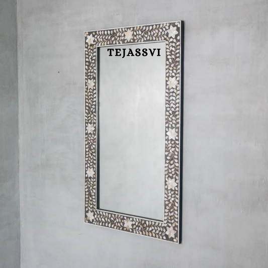 Bone Inlay floral design Black Color Wall Hanging Large Mirror  / wooden bone inlay wall mirror / Wall Décor / Wall Hanging .
