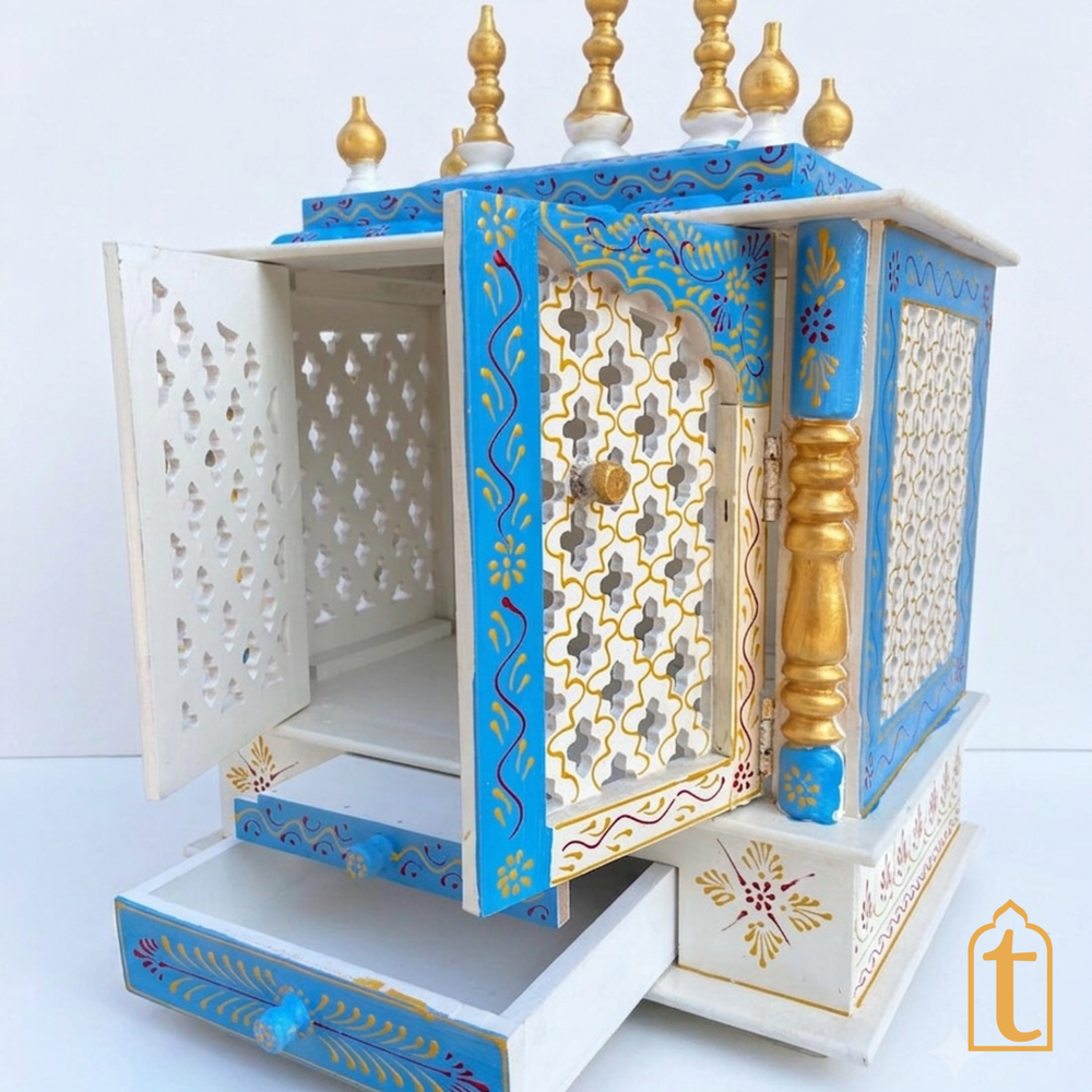 Handcrafted Wooden Temple Mandir: White Pooja Ghar with Drawers