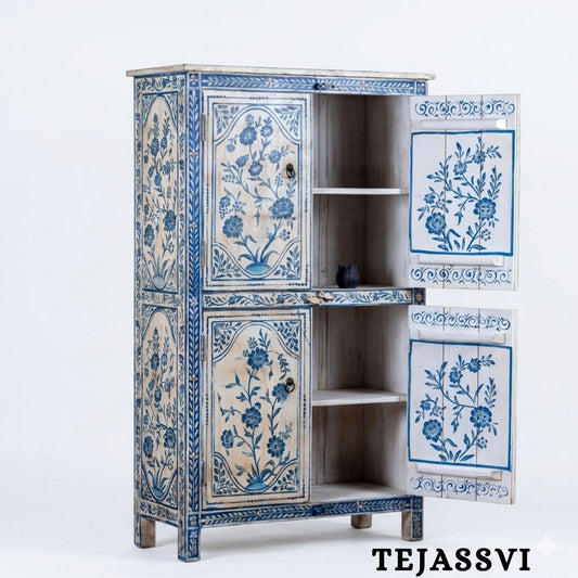 Wooden Hand Painted Sideboard / Wooden Floral Painted Sideboard / Vintage Home Décor Storage Cabinet / Living Room Furniture / Indian Ethnic Style Wardrobe.