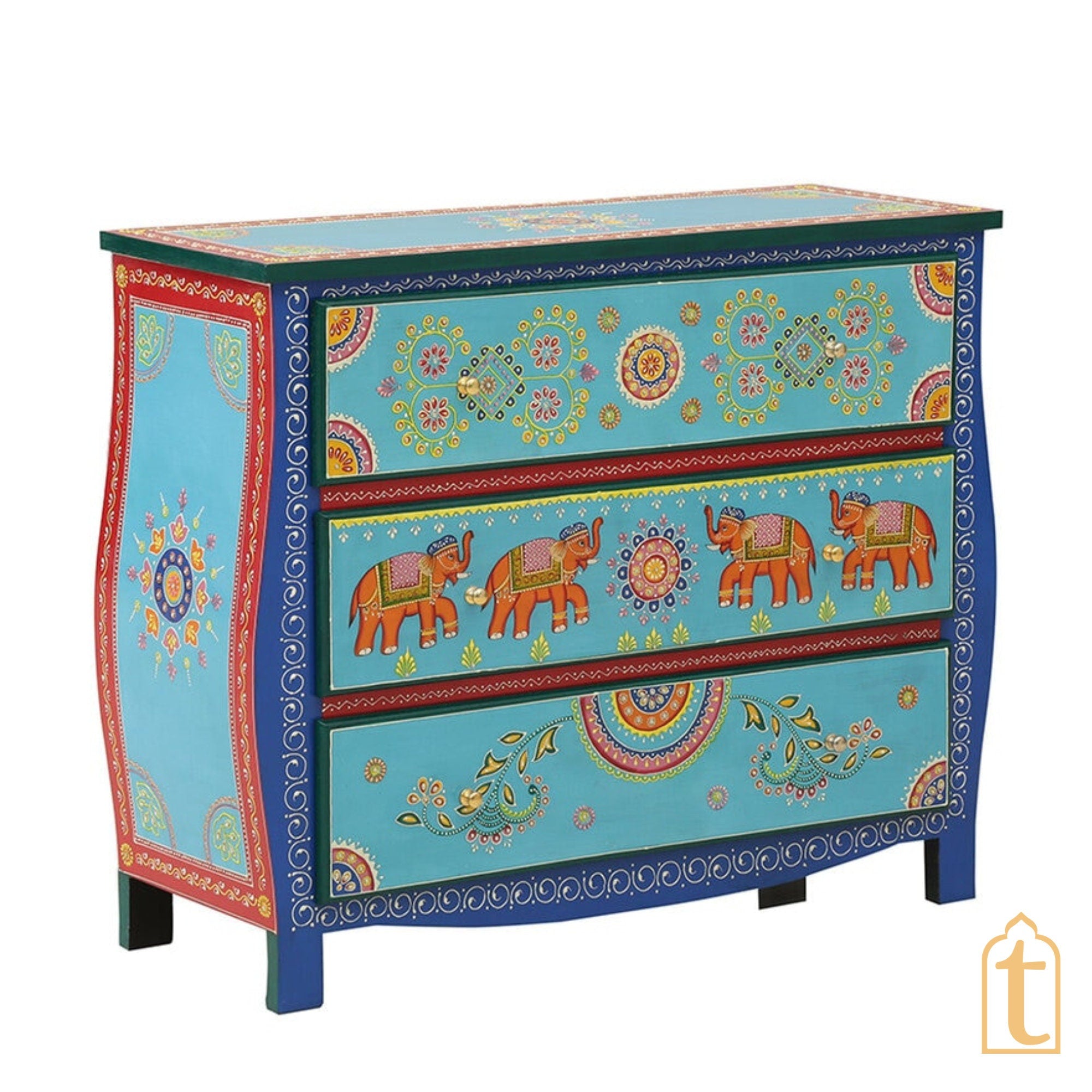 Wooden Indian Hand painted Wooden Chest of Drawers / Side Table / Chest of Drawers for Living Room | Traditional Side Table with Drawers.
