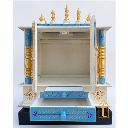 Handcrafted Wooden Temple Mandir: White Pooja Ghar with Drawers