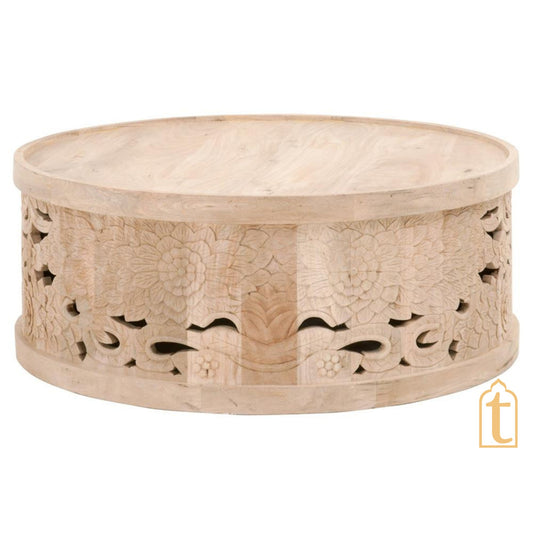 Wooden Crafted Artistic Carved Central Drum Table,Rustic Furniture Table,Indian Vintage Table,Beautiful Cocktail Table,Side Cutting Table
