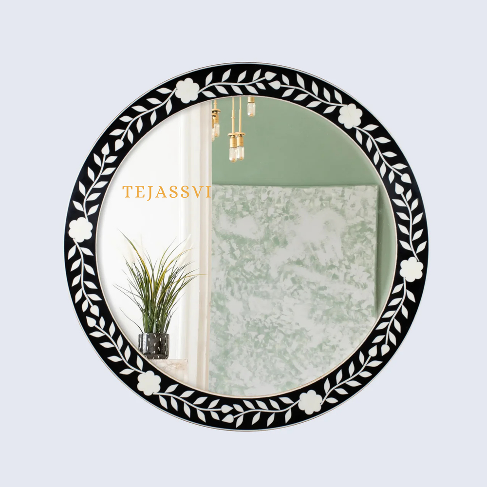 Bone Inlay Floral Design Black Wall Mirror Wall Hanging Décor Stylish Mirror