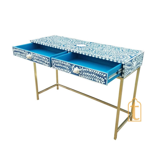 Handmade Bone Inlay Side Table, 2 Drawer Desk/Blue Floral Console Table, Hall table, living room table, Drawer table, wooden Laptop table.