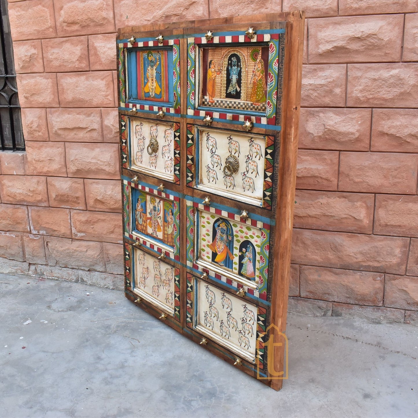 ANTIQUE Indian DOOR | Metal Fitted Hand painted SHRINATH Ji Wall Hanging Wall Panel Home Decor Doors Made From Reclaimed Wood.