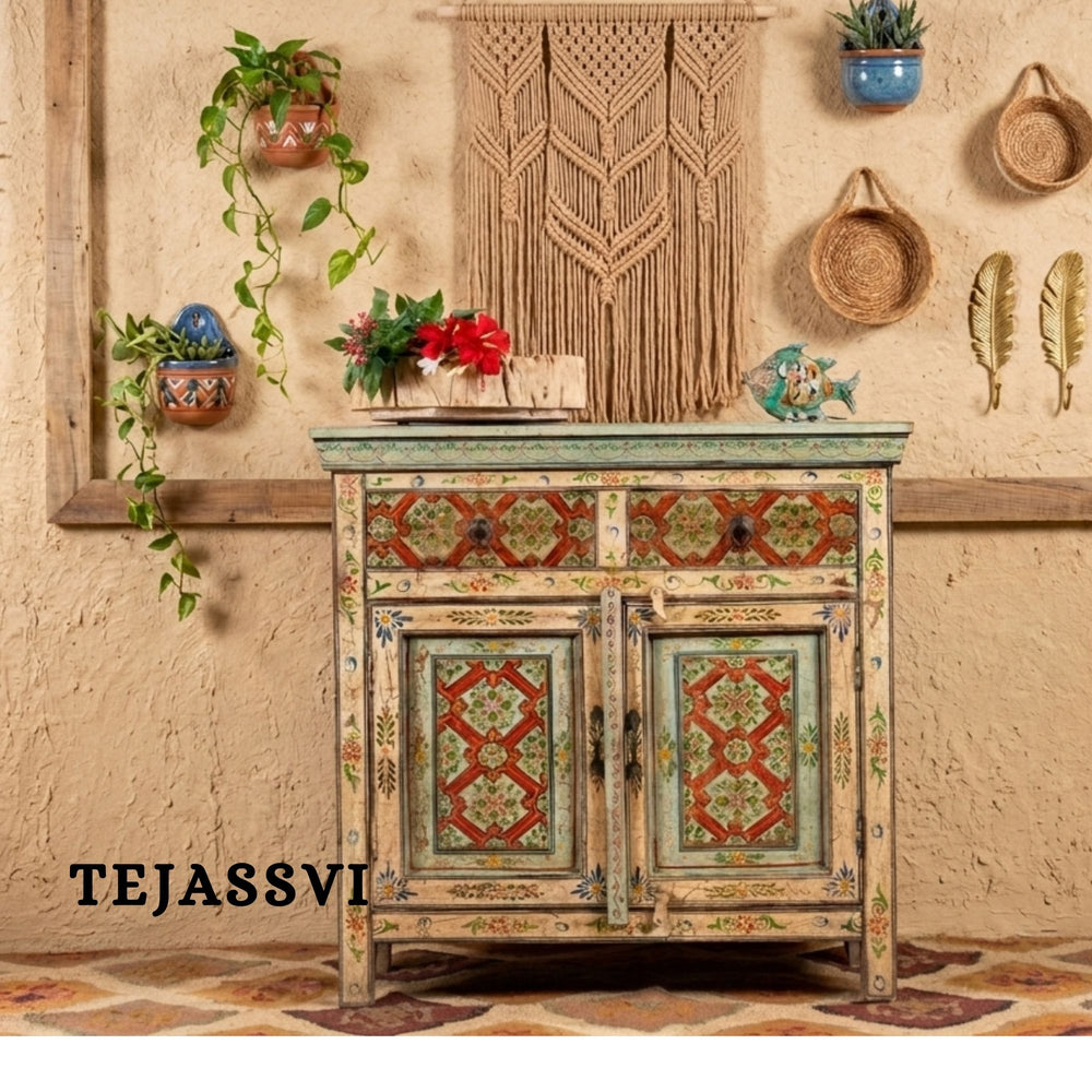 Wooden Indian Floral Designed Side Storage / Cabinet | Bedside, Side Table, Hand Painted, Wooden Big Cabinet, Living Room Furniture, Fine Panting.