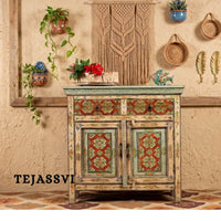 Wooden Indian Floral Designed Side Storage / Cabinet | Bedside, Side Table, Hand Painted, Wooden Big Cabinet, Living Room Furniture, Fine Panting.