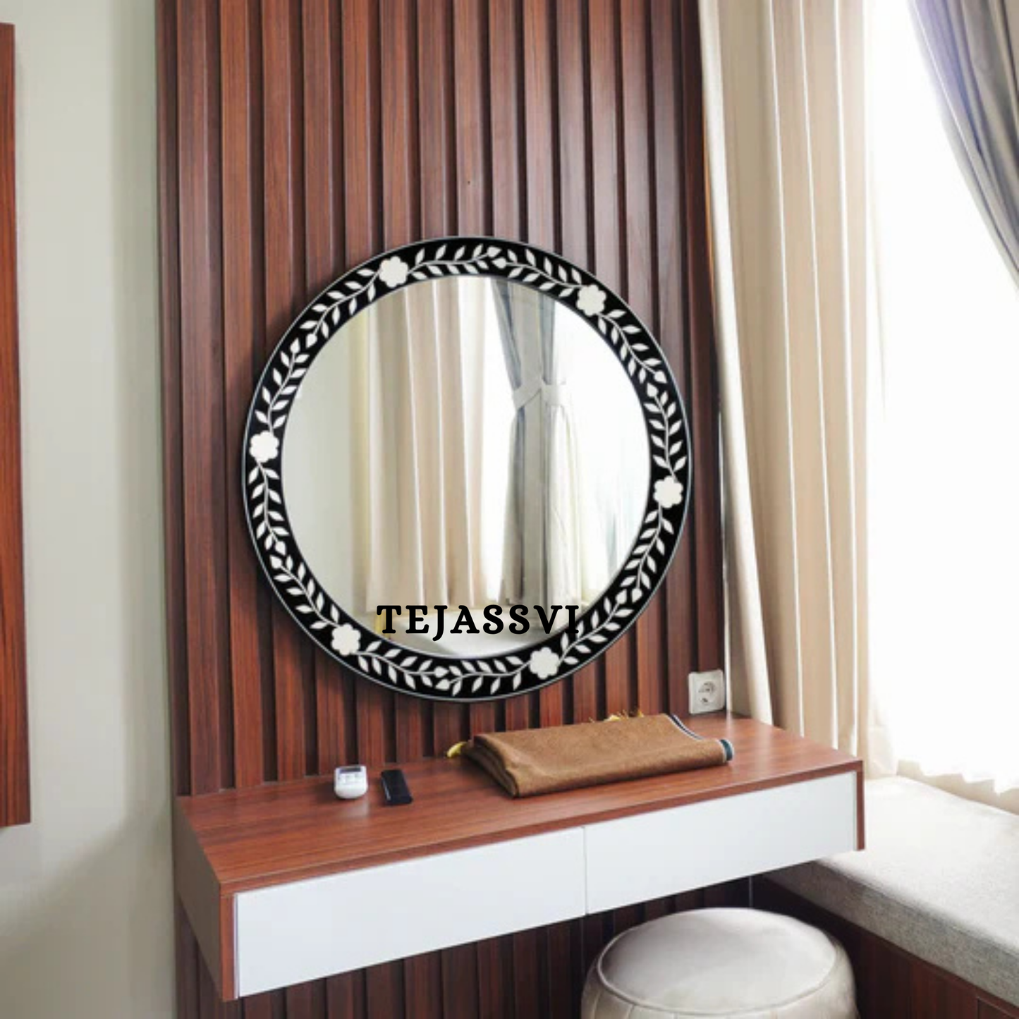 Bone Inlay Floral Design Black Wall Mirror Wall Hanging Décor Stylish Mirror
