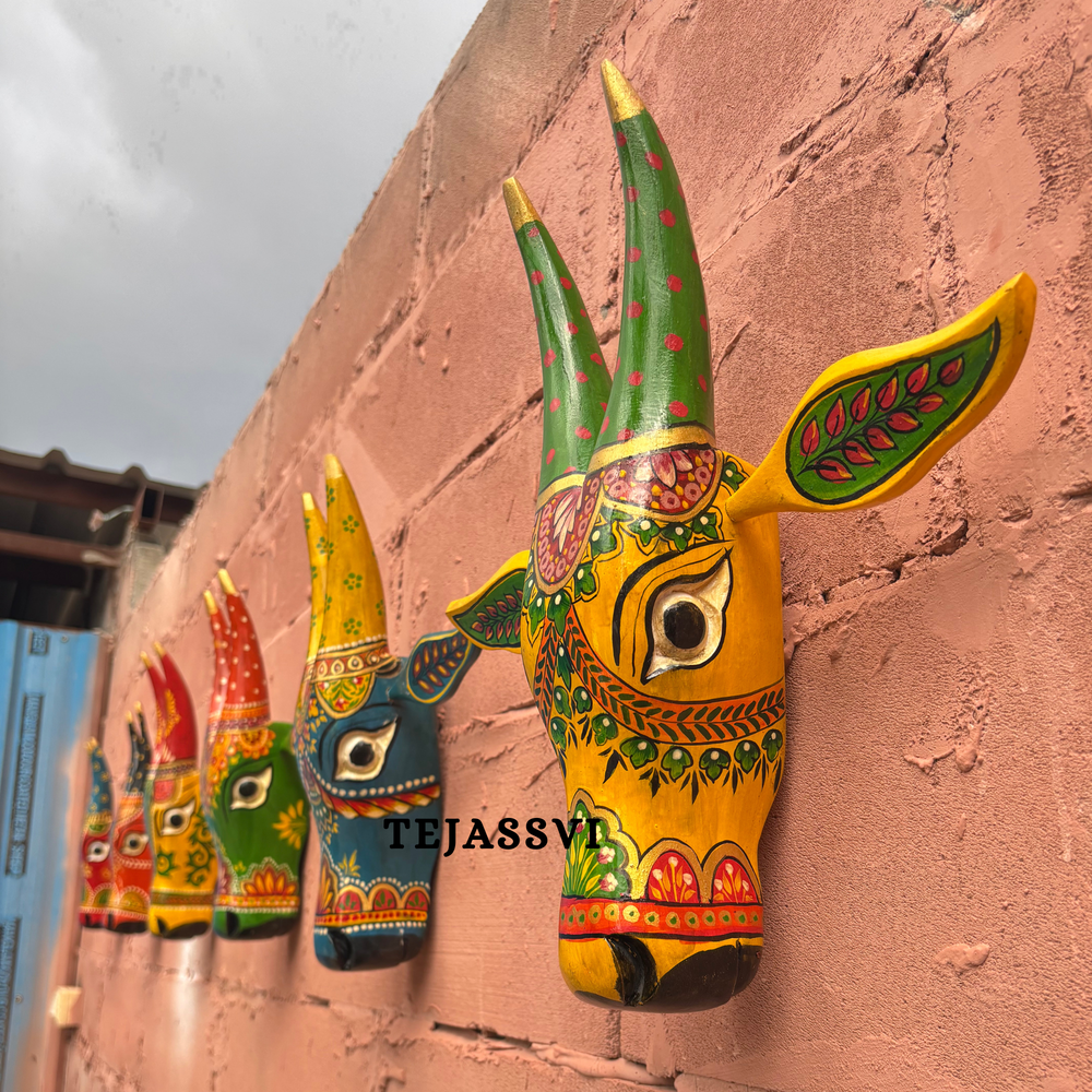 SET of 6 Wooden Painted Cow Head 15 Inches | Bull | Nandi Head Mask Wall Décor. Wooden Wall Hanging. Ethnic Indian Art.