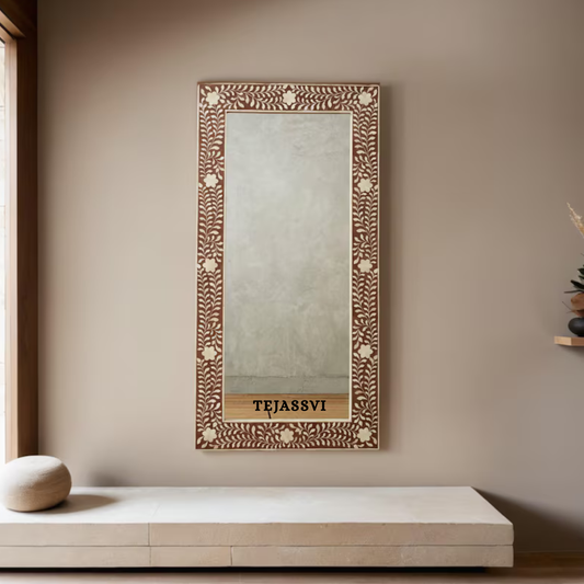 Bone Inlay floral design Brown Color Wall Hanging Large Mirror  / wooden bone inlay wall mirror / Wall Décor / Wall Hanging.