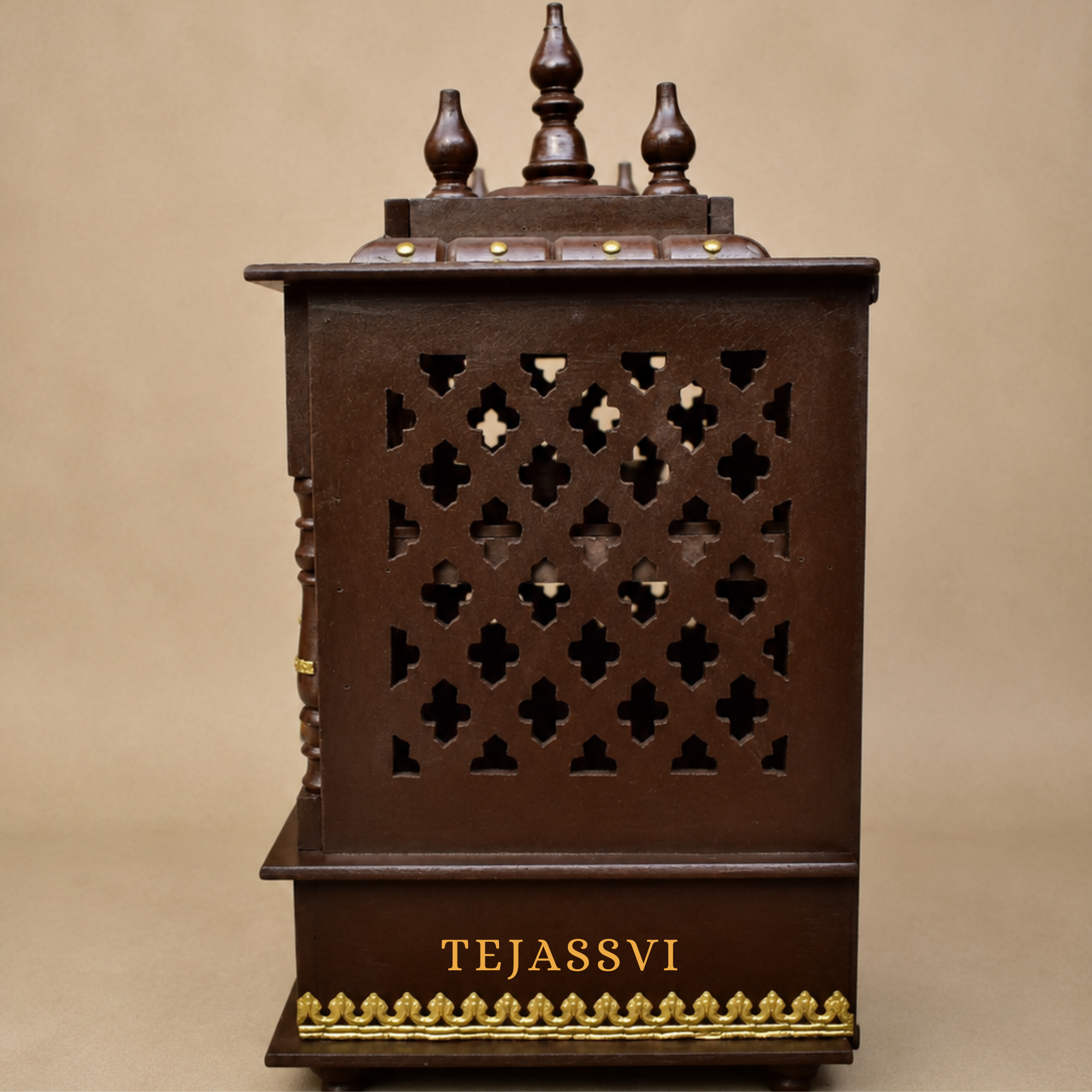 Wooden Wall Mounted Pooja Mandir with Door and Metal | Large Handmade Brown Home Temple | Traditional Prayer Altar & Wooden Pooja Ghar for Worship