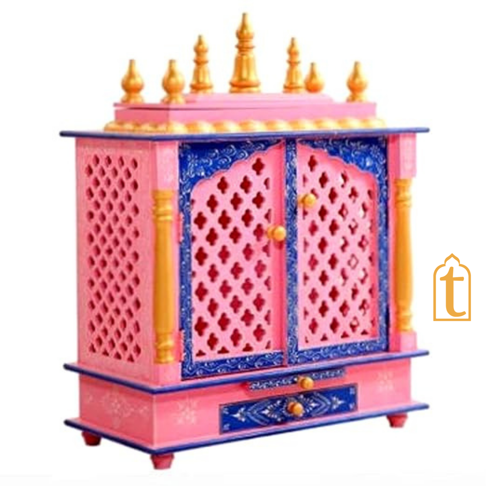 Wooden Pooja Mandir: Indian Pooja Ghar, Wall Mount Decor, Wooden Pink & Blue Pooja Mandir for Wall Decor