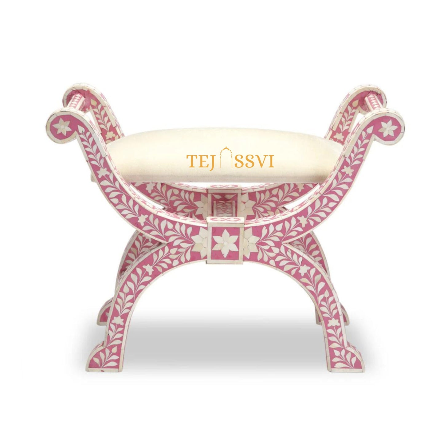 HANDMADE BONE INLAY Floral Pink Jenny Stool | Bone Inlay chair | Modern Luxury Furniture/ wooden Bone Inlay chair .