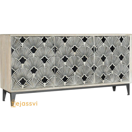 Bone Inlay Bone Optical Design Media Console/Media Cabinet, Bone Inlay Flower Entertainment Credenza White  Finish  Bone Inlay Storage Unit.