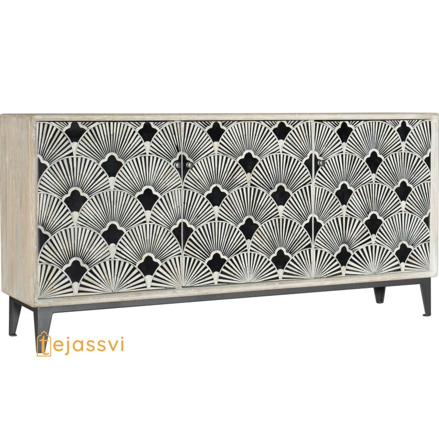 Bone Inlay Bone Optical Design Media Console/Media Cabinet, Bone Inlay Flower Entertainment Credenza White  Finish  Bone Inlay Storage Unit.