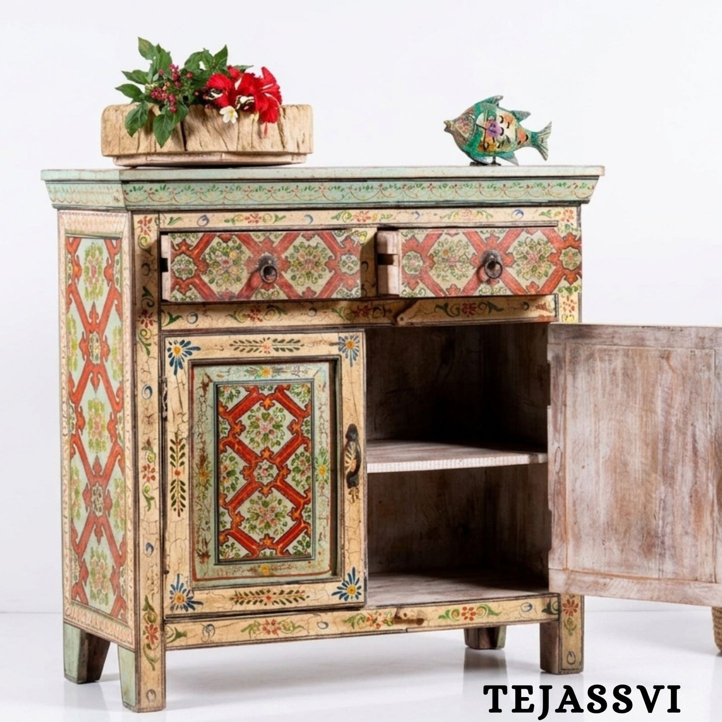 Wooden Indian Floral Designed Side Storage / Cabinet | Bedside, Side Table, Hand Painted, Wooden Big Cabinet, Living Room Furniture, Fine Panting.