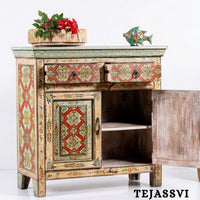 Wooden Indian Floral Designed Side Storage / Cabinet | Bedside, Side Table, Hand Painted, Wooden Big Cabinet, Living Room Furniture, Fine Panting.