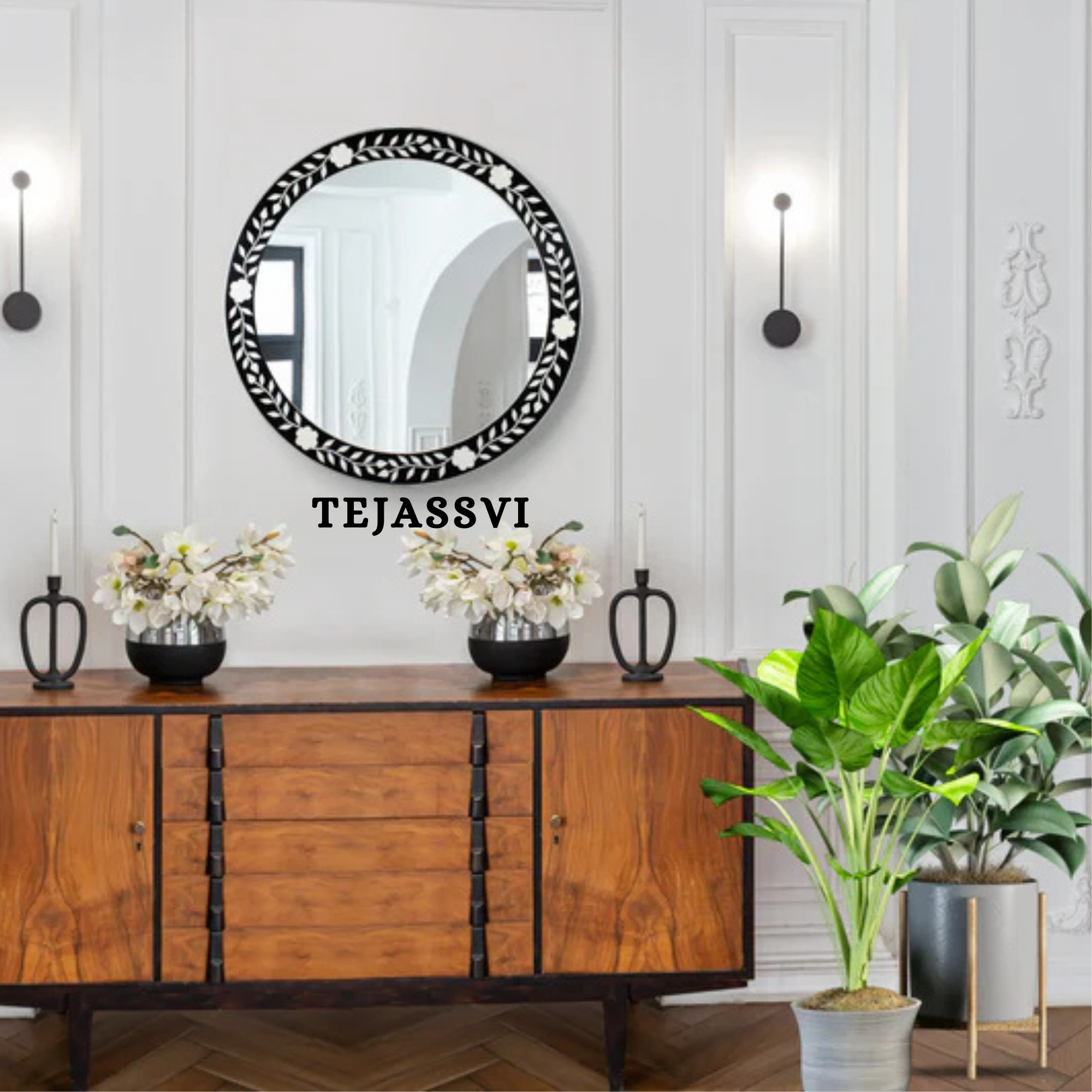 Bone Inlay Floral Design Black Wall Mirror Wall Hanging Décor Stylish Mirror