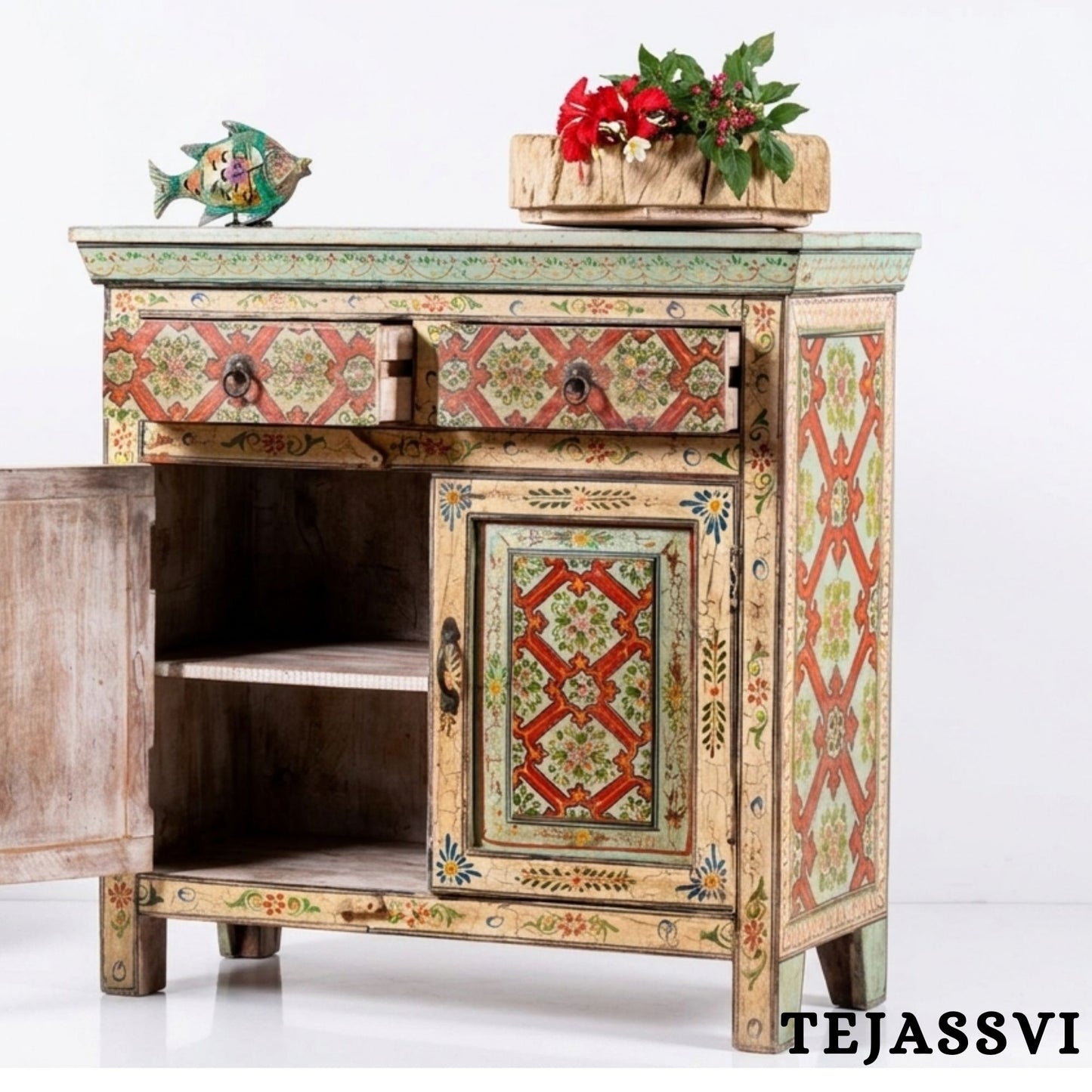 Wooden Indian Floral Designed Side Storage / Cabinet | Bedside, Side Table, Hand Painted, Wooden Big Cabinet, Living Room Furniture, Fine Panting.