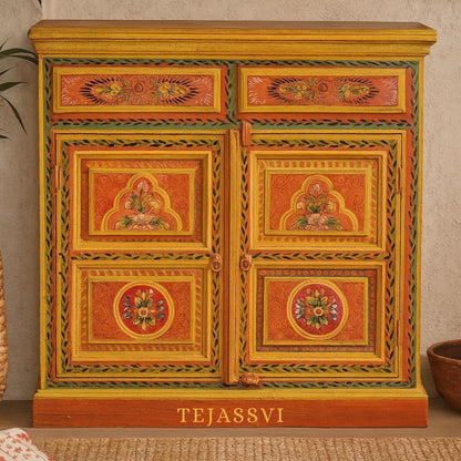 2 Drawer Hand Painted Storage Cabinet / Hand Painted Mango Wood Large Chest of Drawers for Living Room / Traditional Side Table with Drawers.