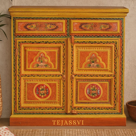 2 Drawer Hande Painted Storage Cabinet/Hand Painted Mango Wood  Large Chest of Drawers for Living Room/Traditional Side Table with Drawers.