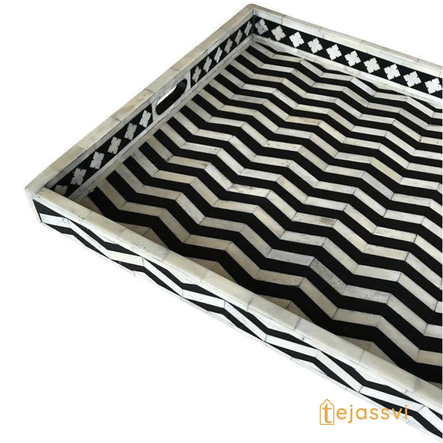 Black Rectangle Chevron Pattern Bone Inlay Tray | Black Bone Inlaid Rectangular Serving Tray
