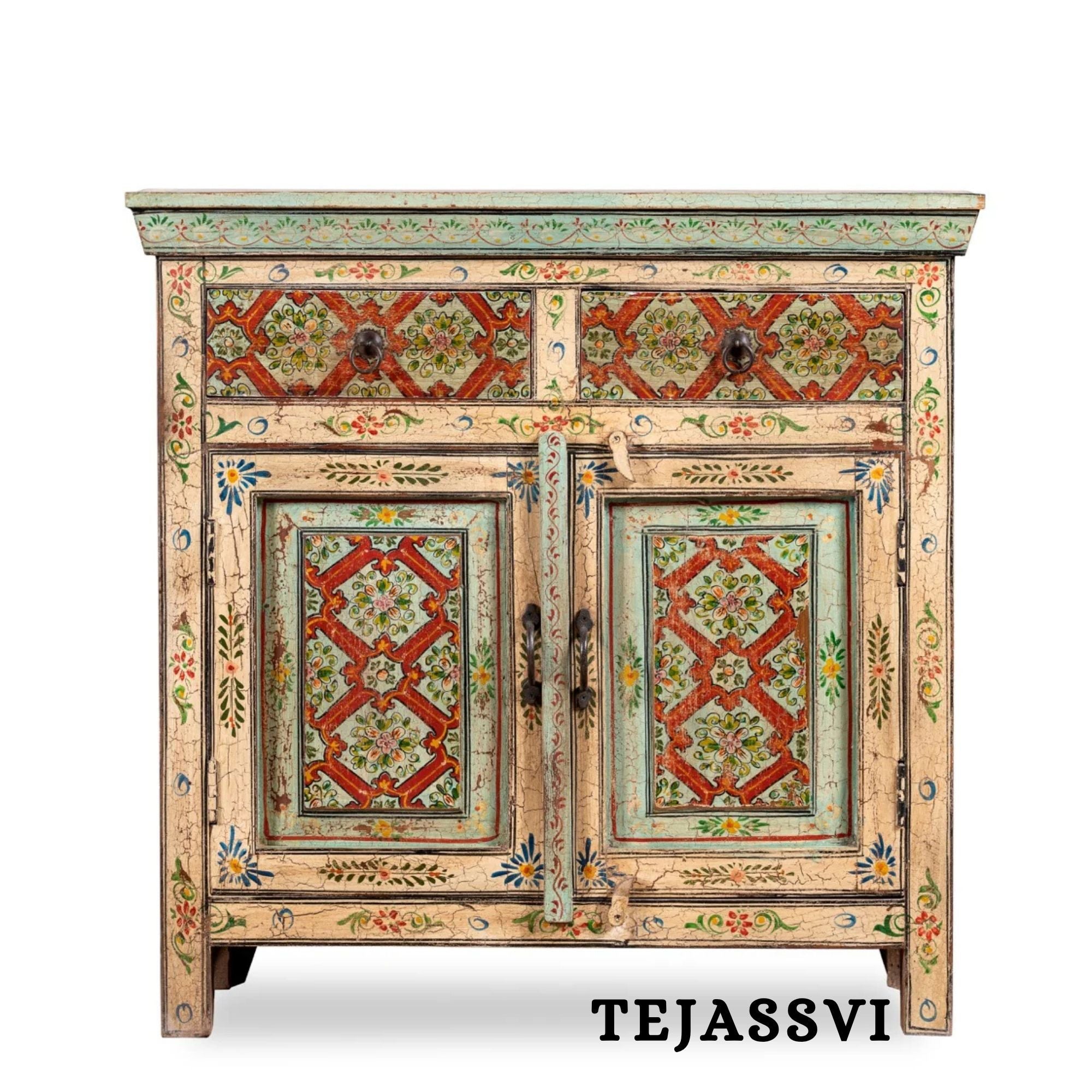 Wooden Indian Floral Designed Side Storage / Cabinet | Bedside, Side Table, Hand Painted, Wooden Big Cabinet, Living Room Furniture, Fine Panting.
