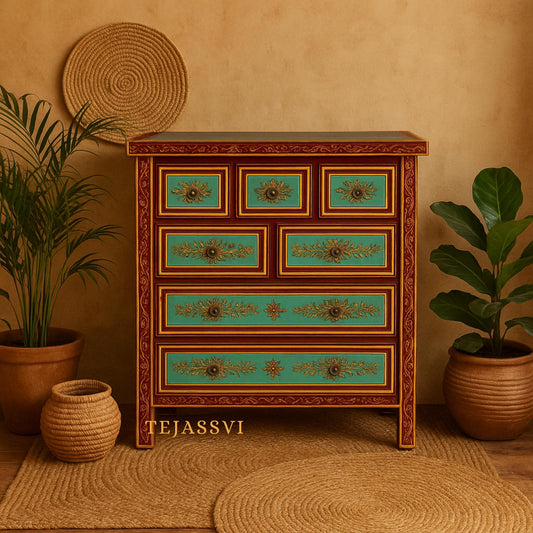 Indian Hand Painted Green Garden Mango Wood Chest of 7 Drawers, Large Chest of Drawer for Living Room | Traditional Side Table with Drawers.