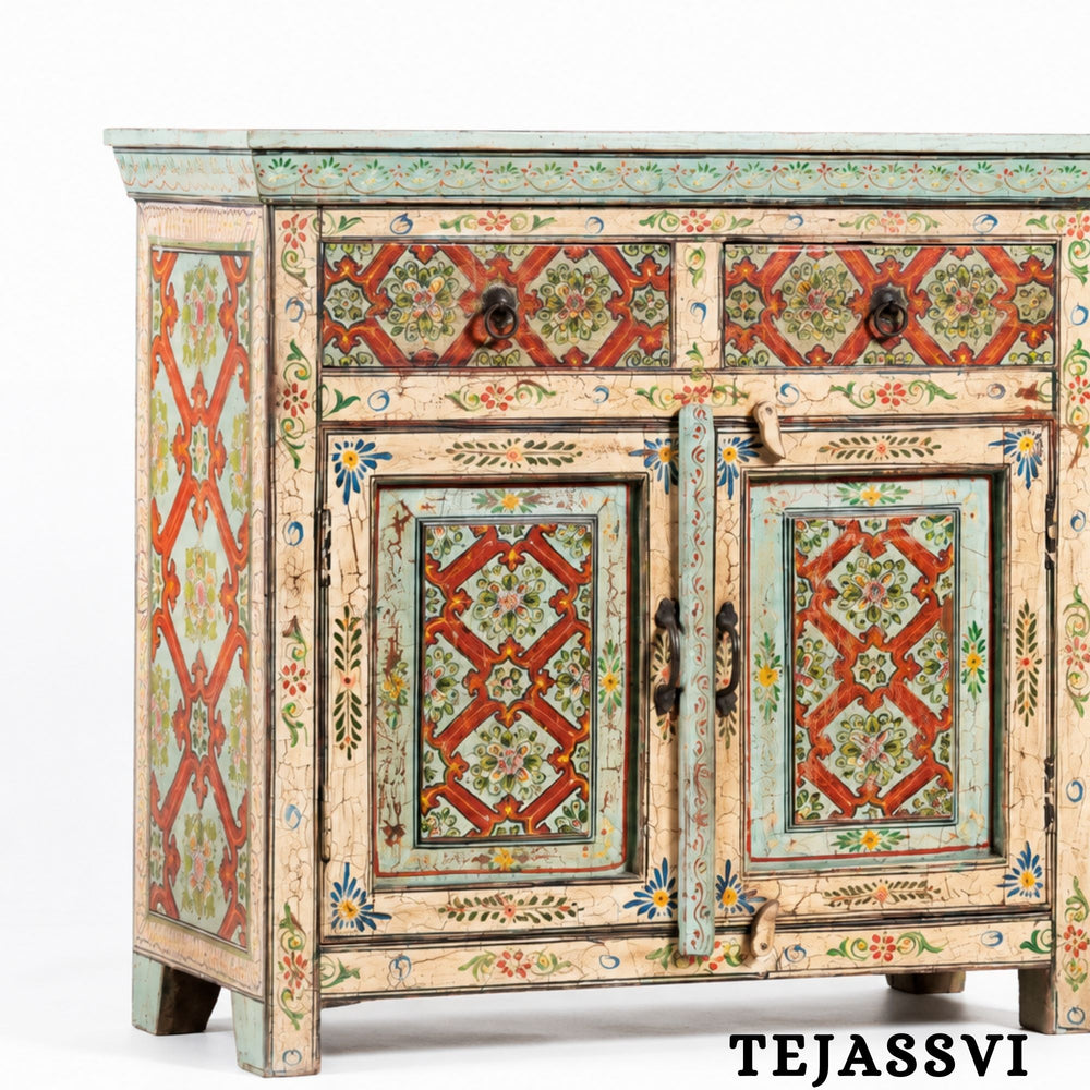 Wooden Indian Floral Designed Side Storage / Cabinet | Bedside, Side Table, Hand Painted, Wooden Big Cabinet, Living Room Furniture, Fine Panting.