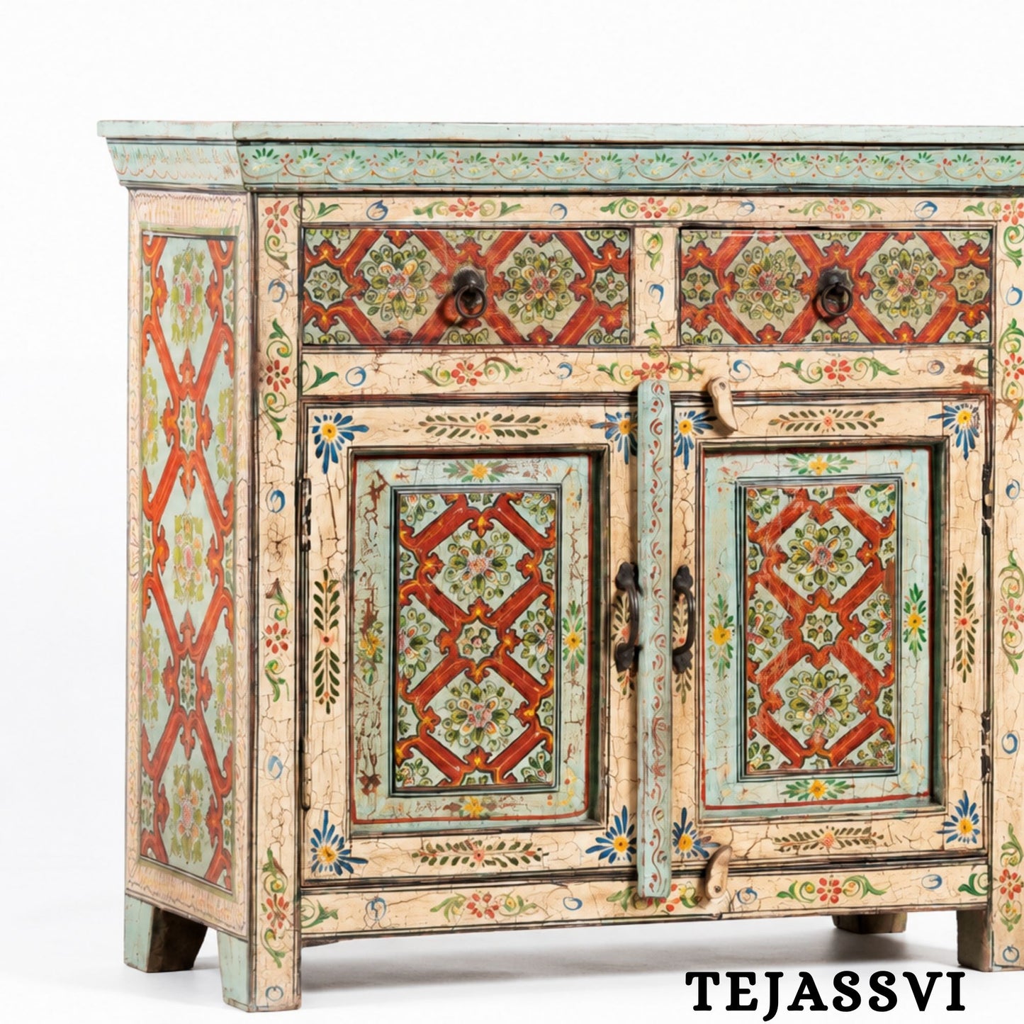 Wooden Indian Floral Designed Side Storage / Cabinet | Bedside, Side Table, Hand Painted, Wooden Big Cabinet, Living Room Furniture, Fine Panting.