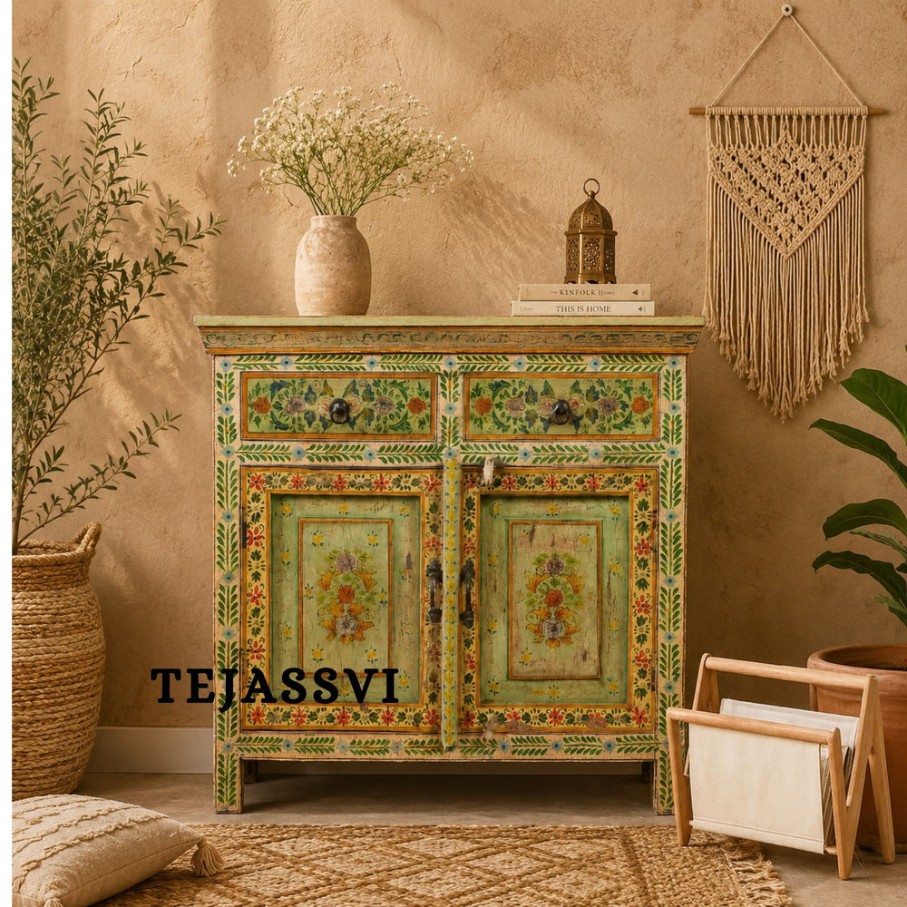 Wooden Indian Floral Designed Side Storage / Cabinet | Bedside, Side Table, Hand Painted, Wooden Big Cabinet, Living Room Furniture, Fine Panting.
