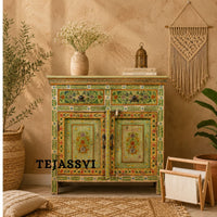 Wooden Indian Floral Designed Side Storage / Cabinet | Bedside, Side Table, Hand Painted, Wooden Big Cabinet, Living Room Furniture, Fine Panting.