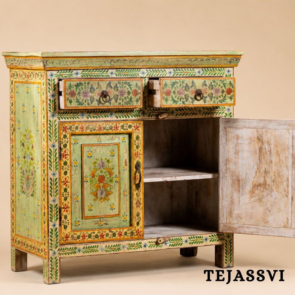 Wooden Indian Floral Designed Side Storage / Cabinet | Bedside, Side Table, Hand Painted, Wooden Big Cabinet, Living Room Furniture, Fine Panting.
