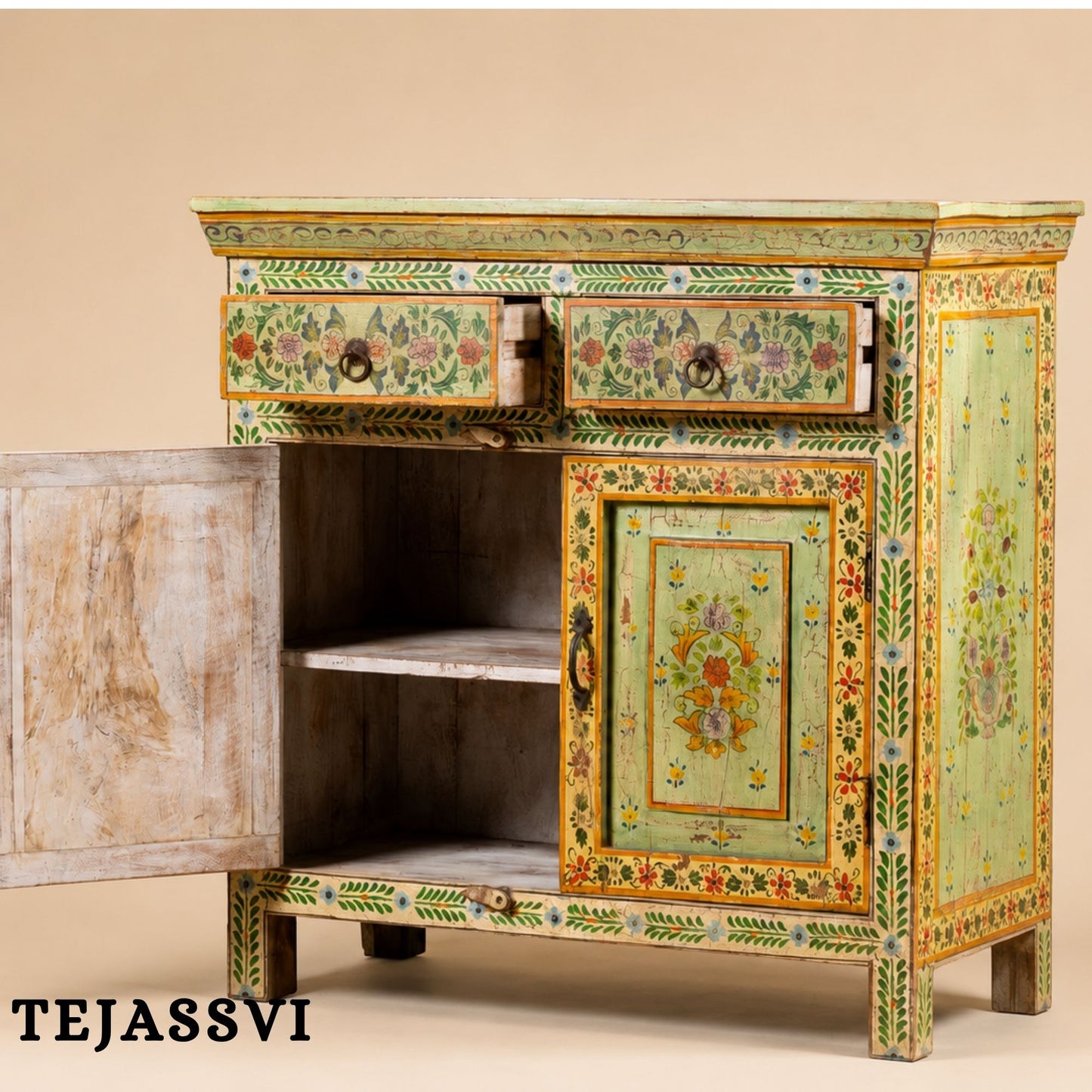 Wooden Indian Floral Designed Side Storage / Cabinet | Bedside, Side Table, Hand Painted, Wooden Big Cabinet, Living Room Furniture, Fine Panting.