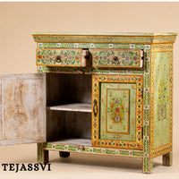 Wooden Indian Floral Designed Side Storage / Cabinet | Bedside, Side Table, Hand Painted, Wooden Big Cabinet, Living Room Furniture, Fine Panting.