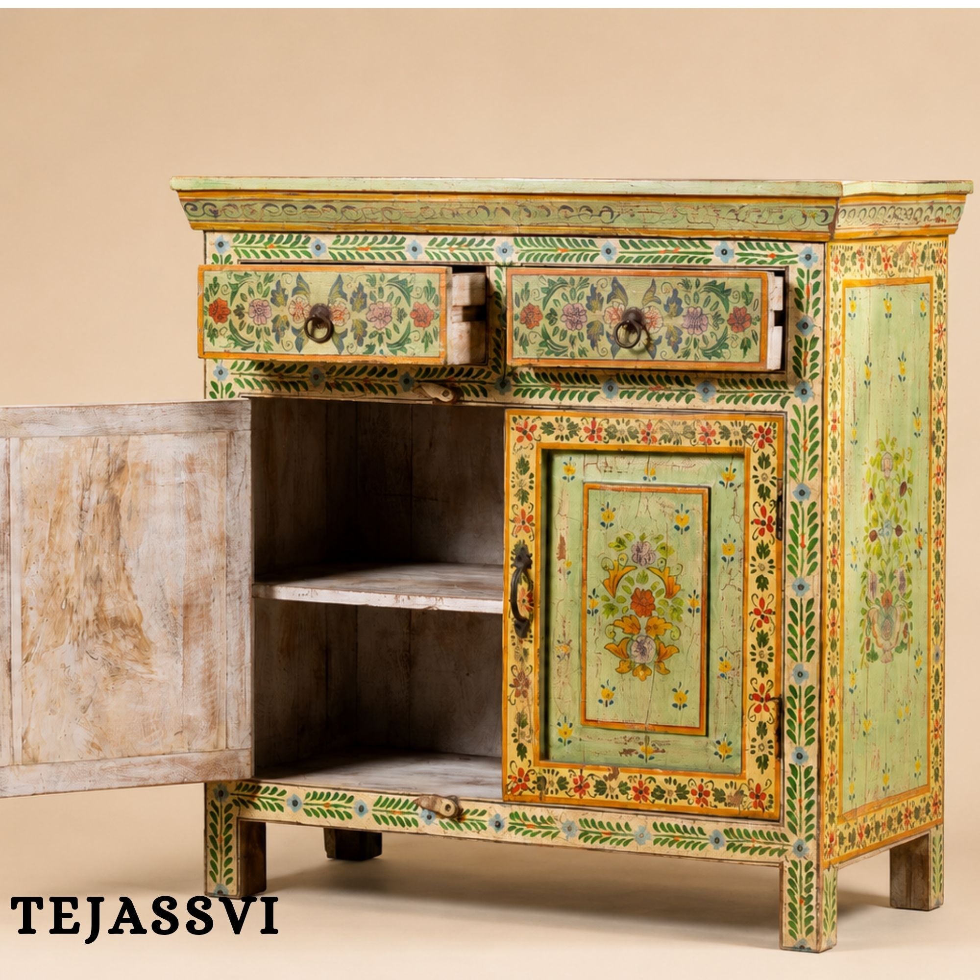 Wooden Indian Floral Designed Side Storage / Cabinet | Bedside, Side Table, Hand Painted, Wooden Big Cabinet, Living Room Furniture, Fine Panting.